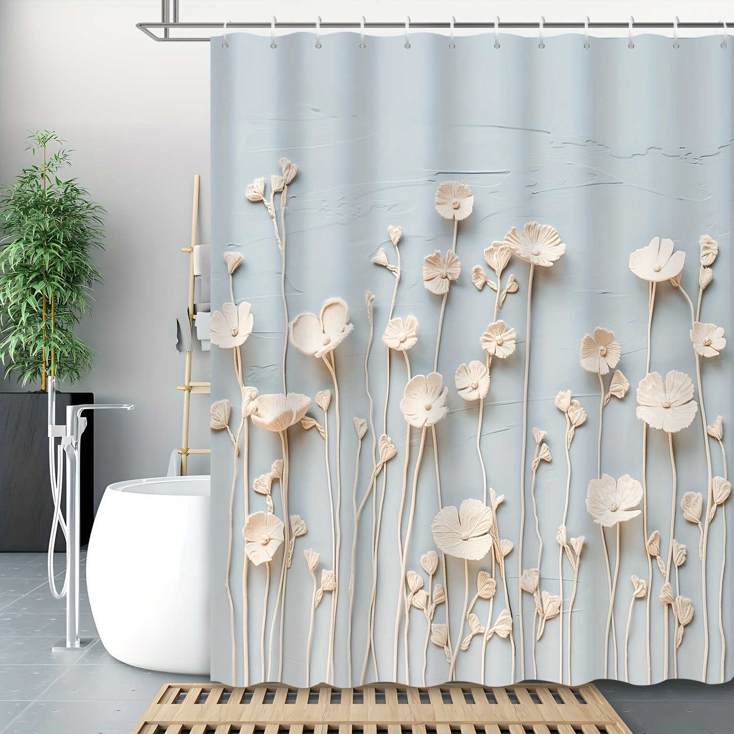 

3d Floral Design Polyester Shower Curtain With Hooks, Water-resistant Country Farmhouse Garden Bath Decor, Machine Washable Grommet Top Curtain For Bathroom Accessories And Home Decoration - 1 Piece