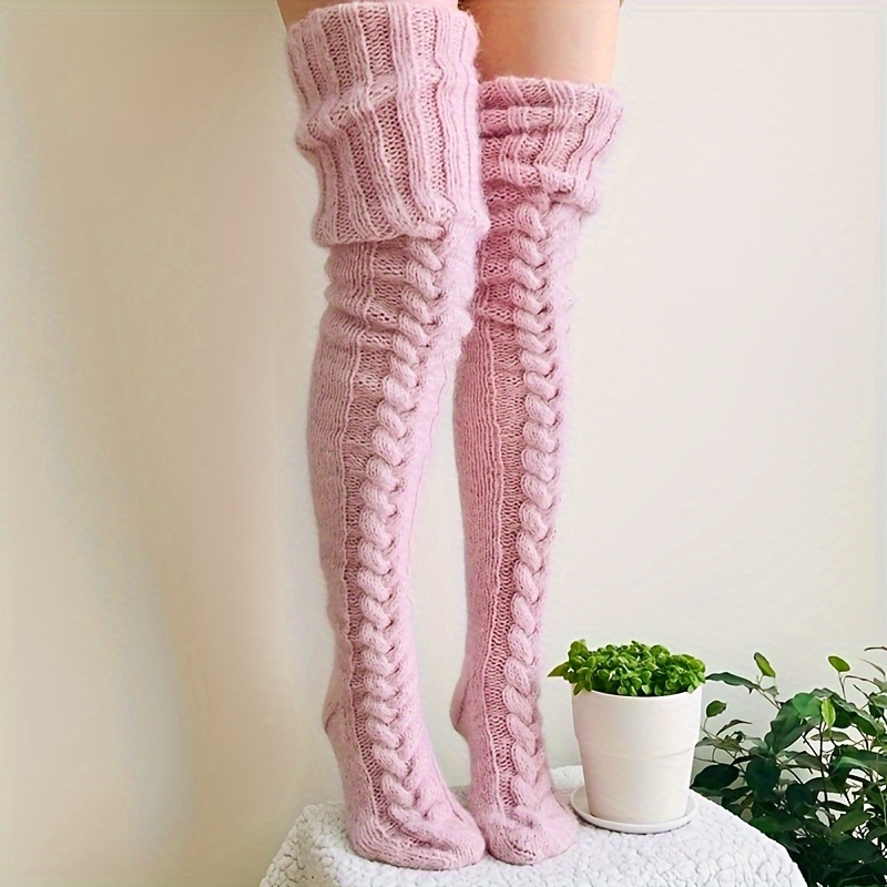 

Plus Size Cute Thigh High Stockings, Women's Chunky Knit Warm Jk Style Over The Knee Socks For Fall & Winter