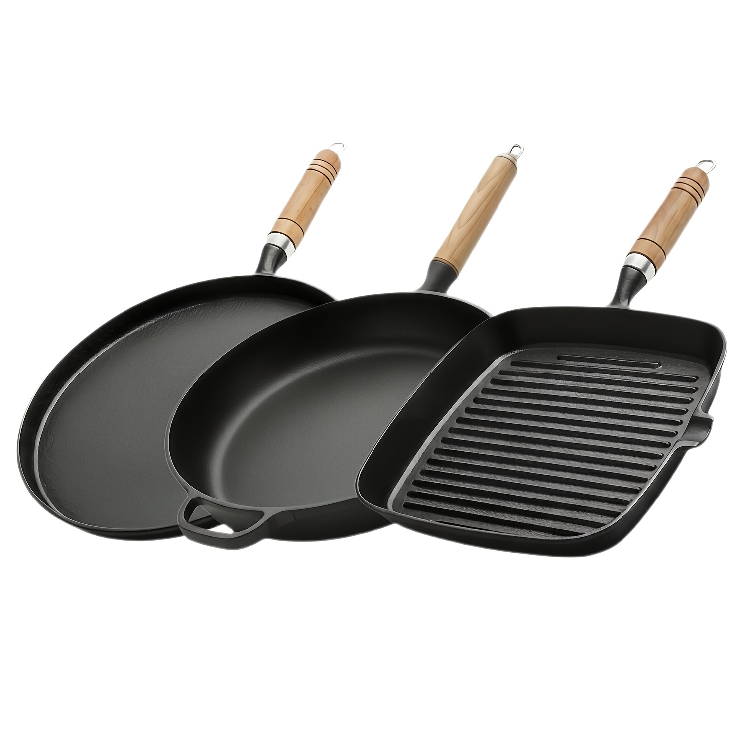 Cast Set 3pcs, Pre- Cast Iron Frying Pans, Griddle Pan And Grill Pan Set, Durable Heavy Duty Cookware For Cooking, Searing, Camping & Outdoor Use