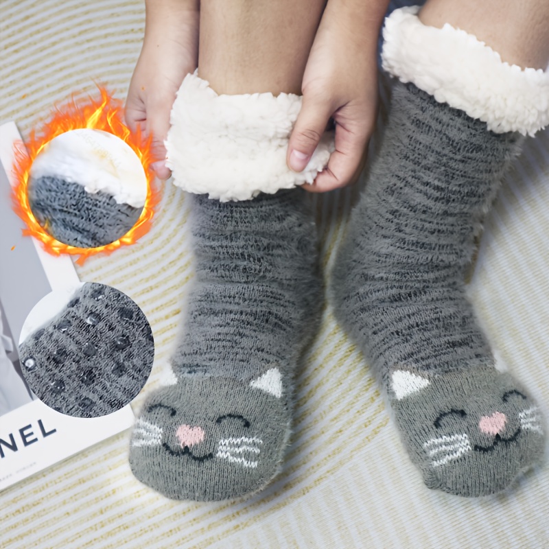 

1 Pair Cozy Slipper Socks, Acrylic & Polyester Knit Fabric, Non-slip Warm Socks, With Plush Lining, For Hand Wash