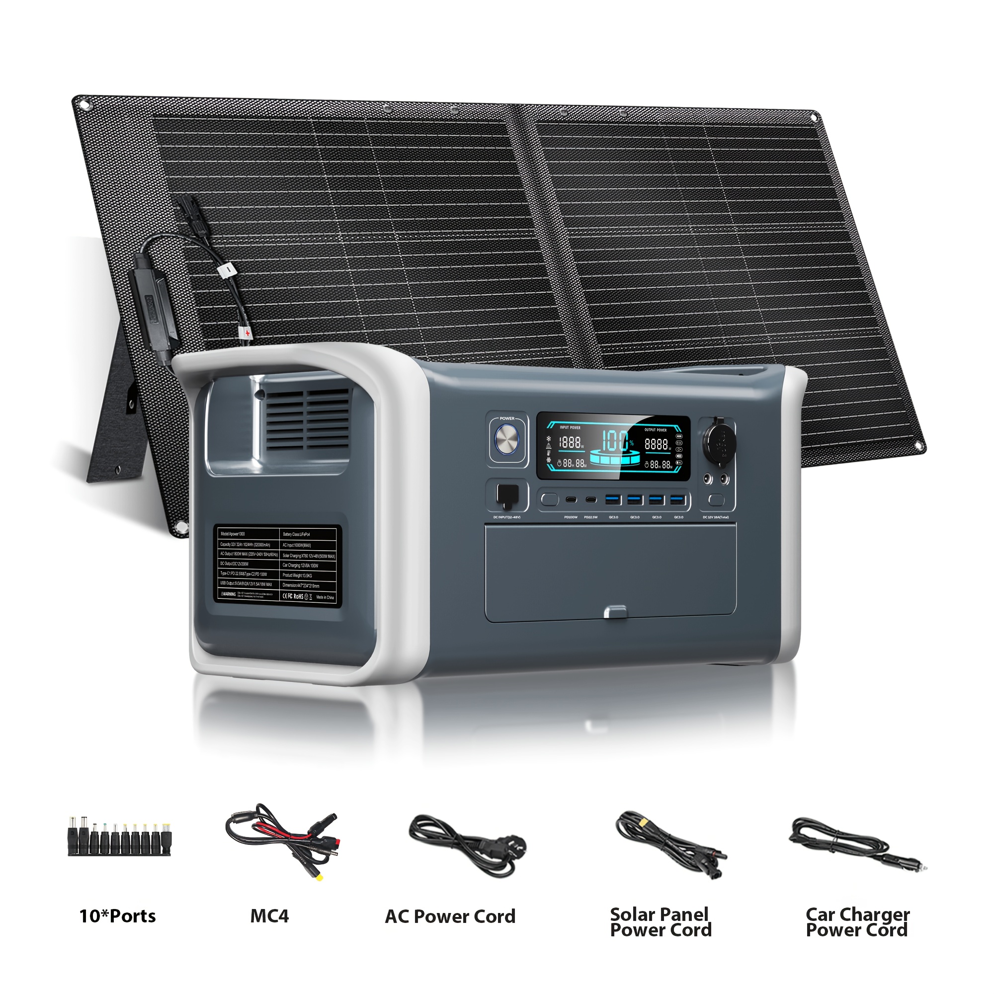Portable Power Station with Solar Panel Match, 2*/ 1600W/ 500W Power Bank,  Big Capacity, 2048Wh/1024Wh/ 345Wh LifePo4 Battery * 200W 100W Solar  Charger Option, Suitable for Camping, RV/VAN, Emergency ...
