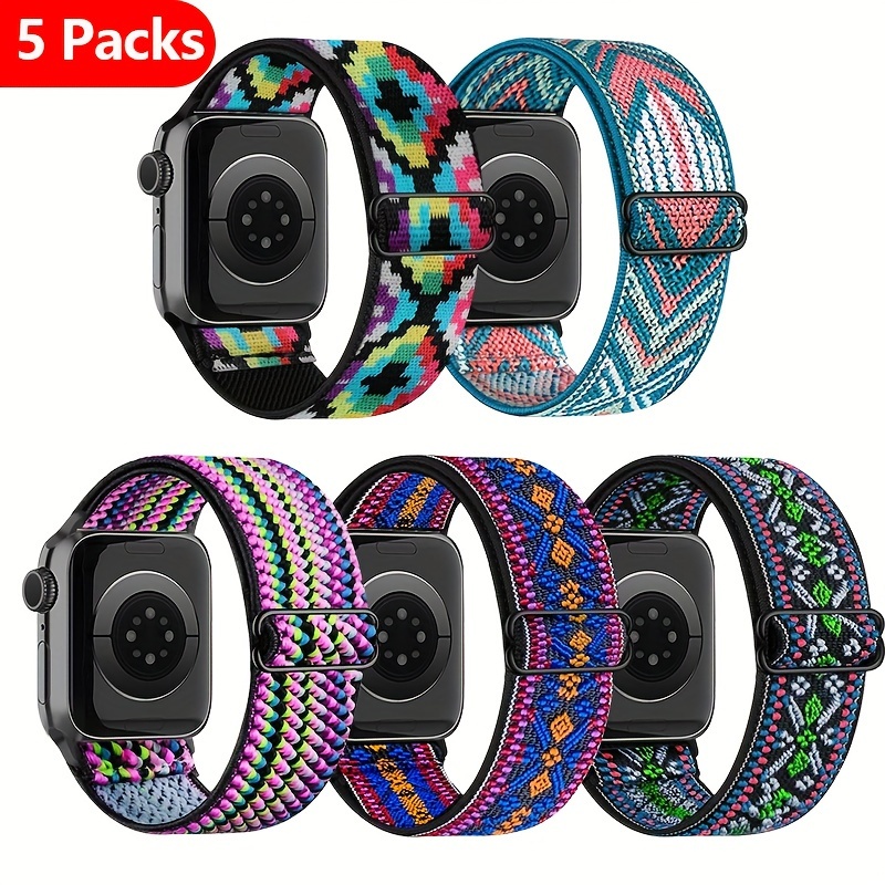 

5pcs/pack Stylish Nylon Watchband - Stretchy, Sports-friendly, Strap For Apple Watch For Women And Men - , Adjustable Length, And Fashion Accessory