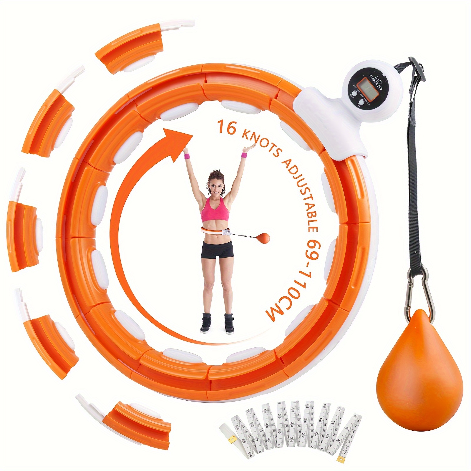 

Orange Hoop For Adults With Weighted Balls, Hula Hoop With 16 Adjustable , With A Measuring Tape, Without Battery