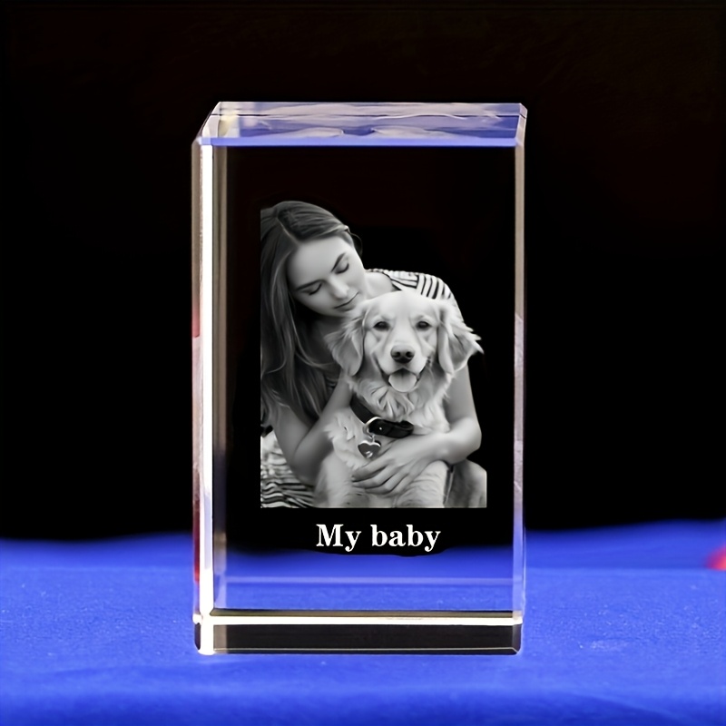 TEMU 1pc Crystal Glass Rectangular Laser Engraved Ornament, Bedroom Living Room Office Home Decor Statue, Pet Portrait Photo Customization,