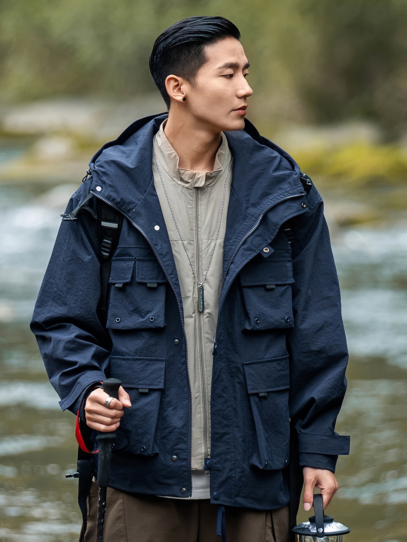 *'S Navy Blue Hooded Windbreaker Jacket with Multiple Pockets, Casual  Outdoor Wear for Hiking and Sports, Casual Outdoor Attire Jacke
