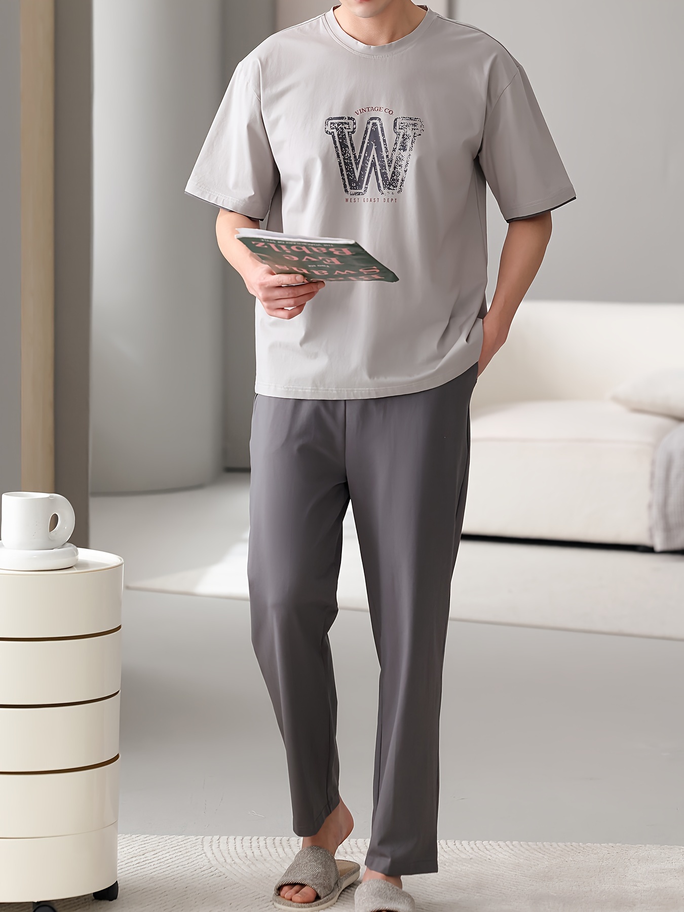 Men'S Casual Summer Cotton Pajama Set - Light Gray, Short Sleeve, Crew Neck, Pocketed, Stretchy Fabric, Regular Fit, No Belt, Home & Outdoor Wear, Relaxed Fit Pajamas | Casual Style | Cotton Fabric