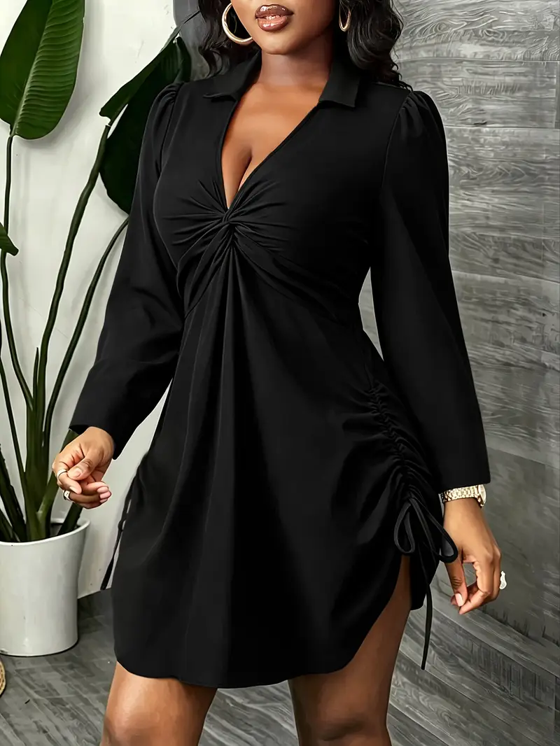 black long sleeve drawstring dress Women's Sexy Club Ruched Long Sleeve Drawstring Mini Bodycon Dress,Black,l