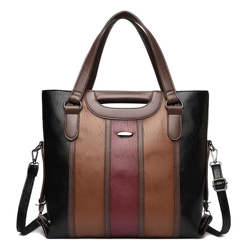 TEMU Retro Color Block Tote Bag, Large Capacity Handbag For Women, Multi-layered Everyday Shoulder Bag With Detachable Straps