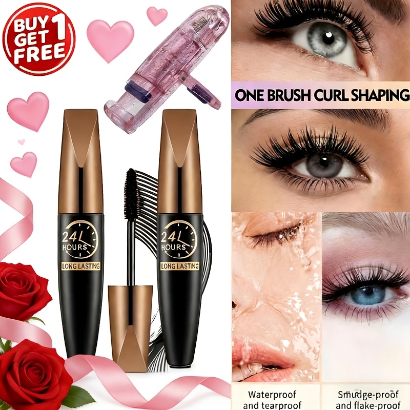 2pcs Waterproof Fiber Mascara, Eyelash Curler, Thickens And Curls, Non-dyed Black Formula, Voluminous, No Clumping, Smooth And Easy To Apply. Ideal Gift For Mother'S Day, Easter And Valentine'S Day.