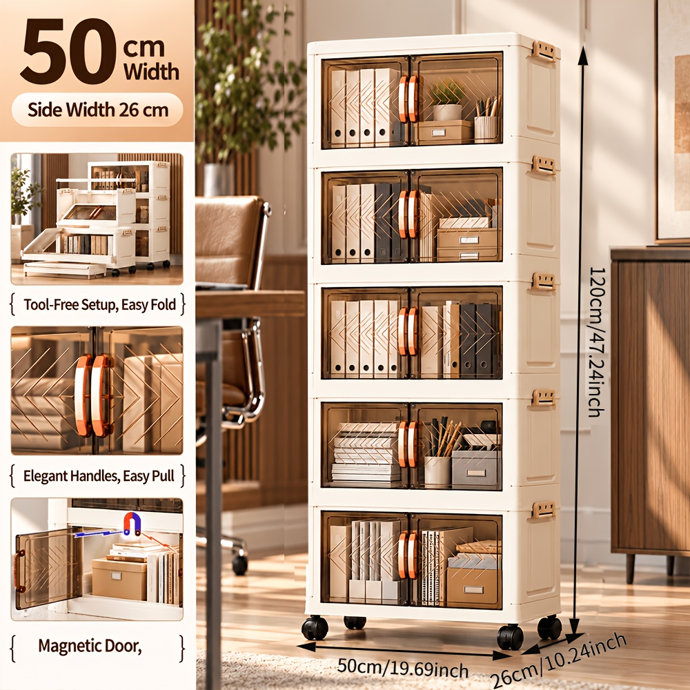 TEMU Boîte de Rangement Pliable à 3/4/5 Étages avec Roulettes, Armoire de Rangement Empilable à Porte Magnétique Transparente, Blanc Laité, 50 cm de
