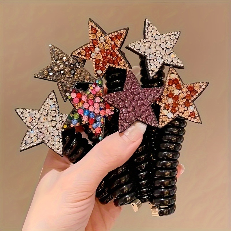 

5pcs/set Bling Bling Rhinestone Star Pattern Decorative Hair Loops Elastic Telephone Line Shaped Hair Ties Spiral Hair Ropes For Women And Daily Uses