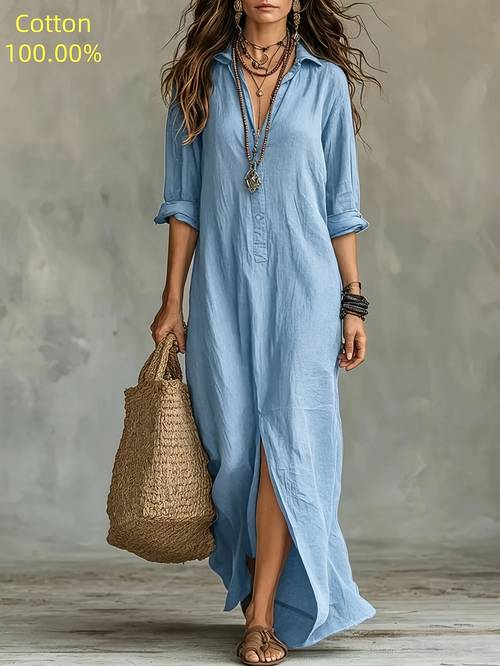 ladies 2026 summer bohemian long dress casual button long sleeve shirt dress breathable beach holiday dress attracting wealth