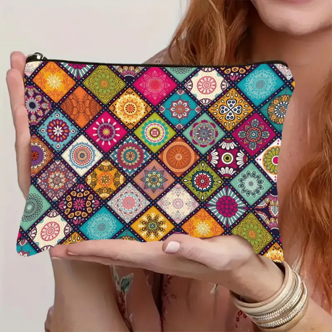 Boho Makeup Bag - Portable Polyester Toiletry Pouch With Casual Zipper Design, A Thoughtful Gift For Grandma, , Mom, Or - Perfect For Storing Daily Cosmetics, Phone, And Small Essentials