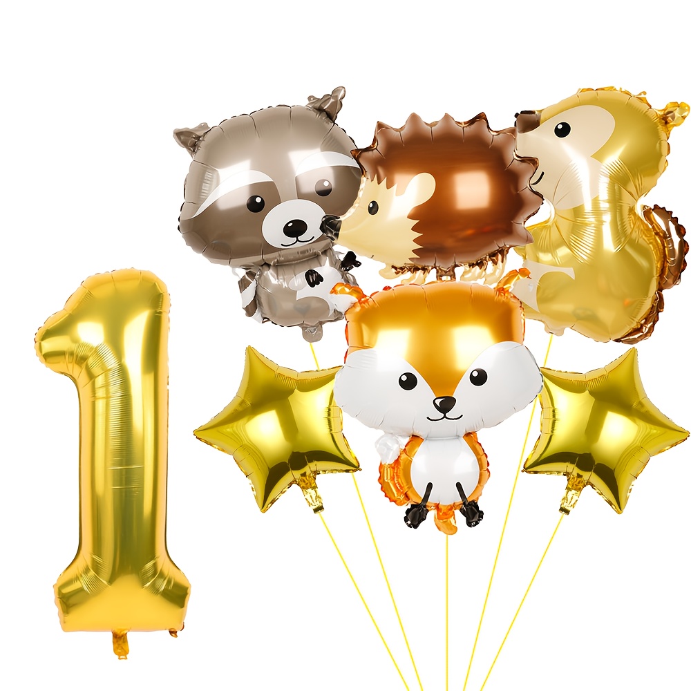Image of 7pcs Jungle Animal Balloon Set, Squirrel, Raccoon, Hedgehog, Fox Balloons With , Suitable For Animal Theme Party, Birthday Party Decorations, Home Decoration, Atmosphere Arransynthetic Gemstoneent