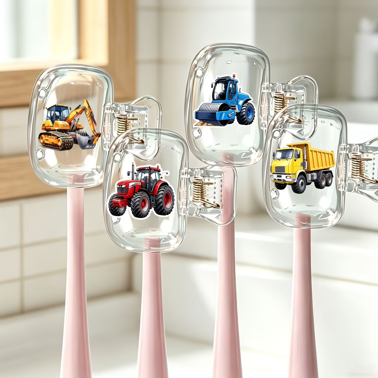 TEMU 4pcs Busy Construction Vehicle Pattern Travel Toothbrush Head Covers - Cute Design, Protective Plastic Clips For Home And Travel Use, Portable