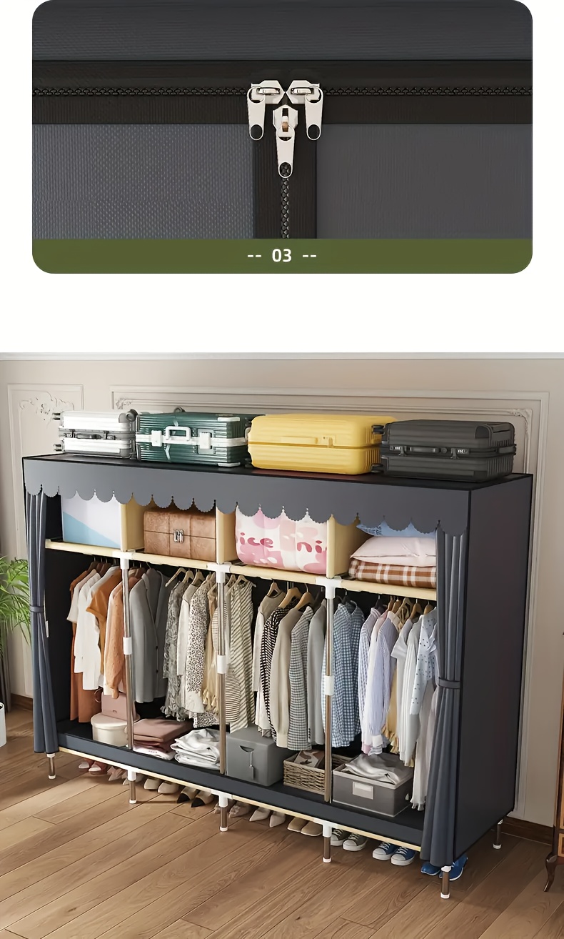 Large Capacity Freestanding Wardrobe with Metal Frame, Dustproof Storage Organizer for Bedroom, Dorms, and Rental Apartments - Mount, Independent Design, Under 3.2 Cubic Feet Closed Storage
