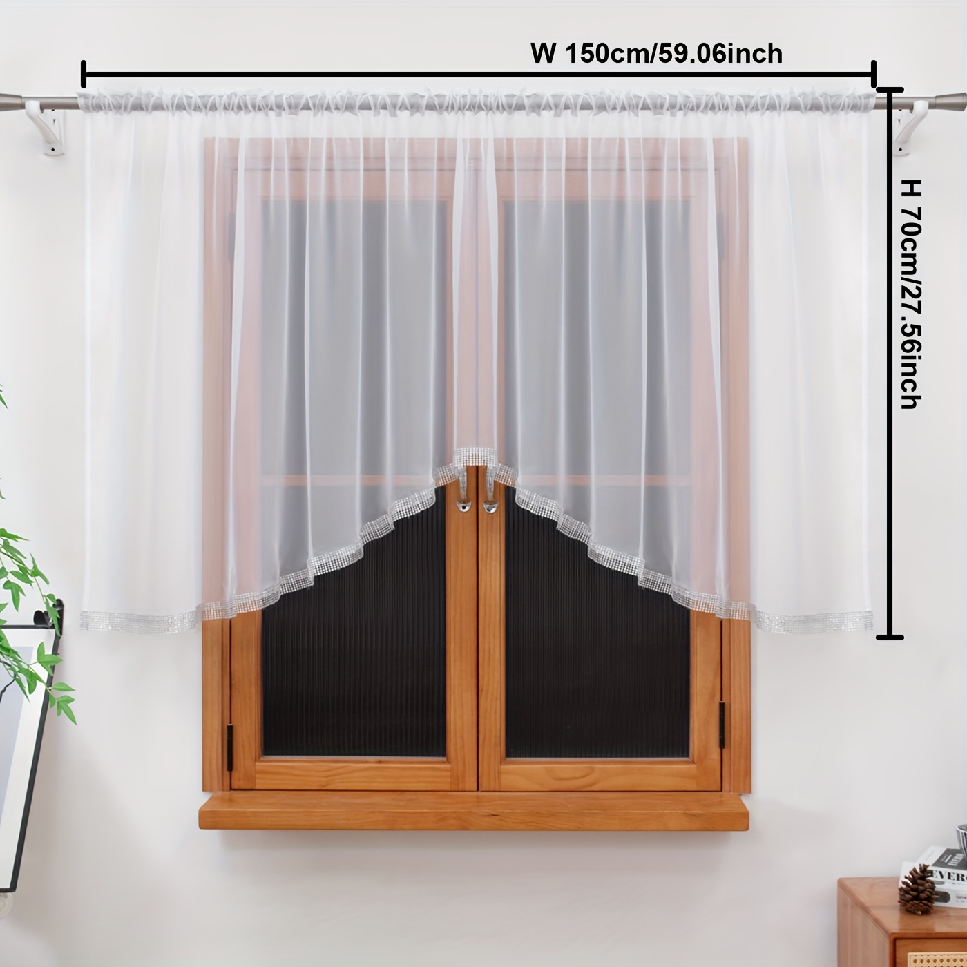 Image of Elegant Arched Sheer Curtain With Rhinestone Trim - White , Rod Filtering Drape For Kitchen, Living Room, (multiple Sizes )