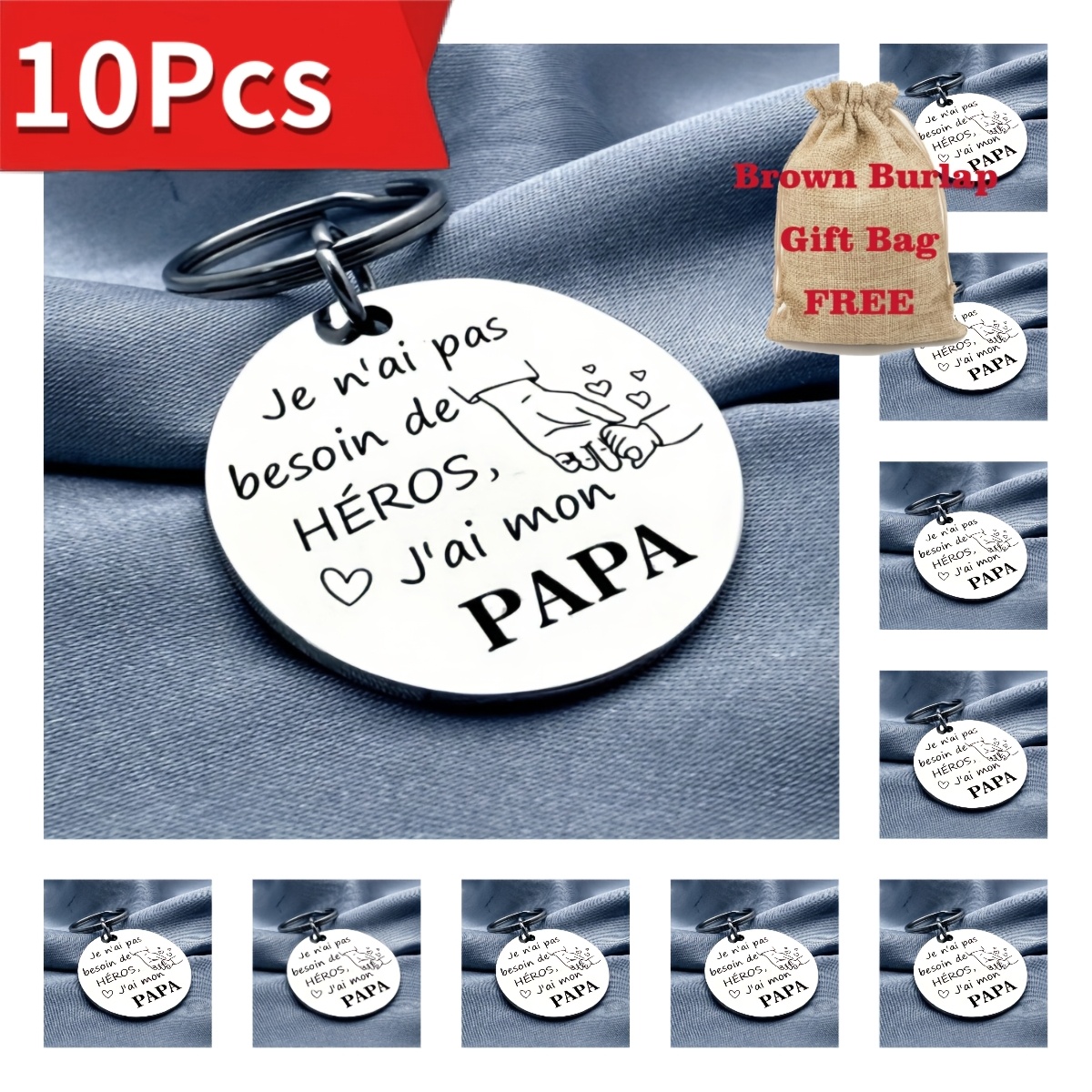 TEMU Lot de 10 porte-clés gravés en acier inoxydable avec sac de toile de jute "Je n'ai pas besoin de HÉROS, j'ai mon PAPA" Cadeau unique pour papa,