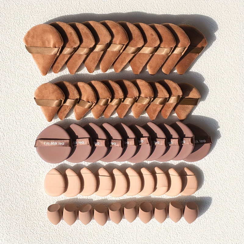 TEMU Ensemble d'outils de Cosmétique 50pcs, 10 houppettes libres, 10 houppettes cushion, 10 houppettes de riz pour les doigts, 10 mini éponges de