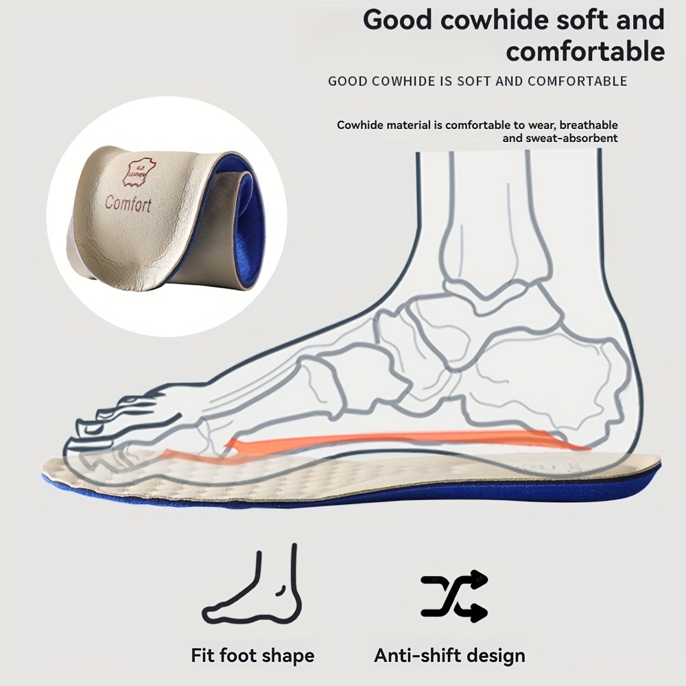 Cowhide Leather Shoe Insoles for Men, Breathable Shock Absorption Comfort Inserts, Two-layer Dual Size Trim-to-Fit Insoles, PU Leather, 1 Pair