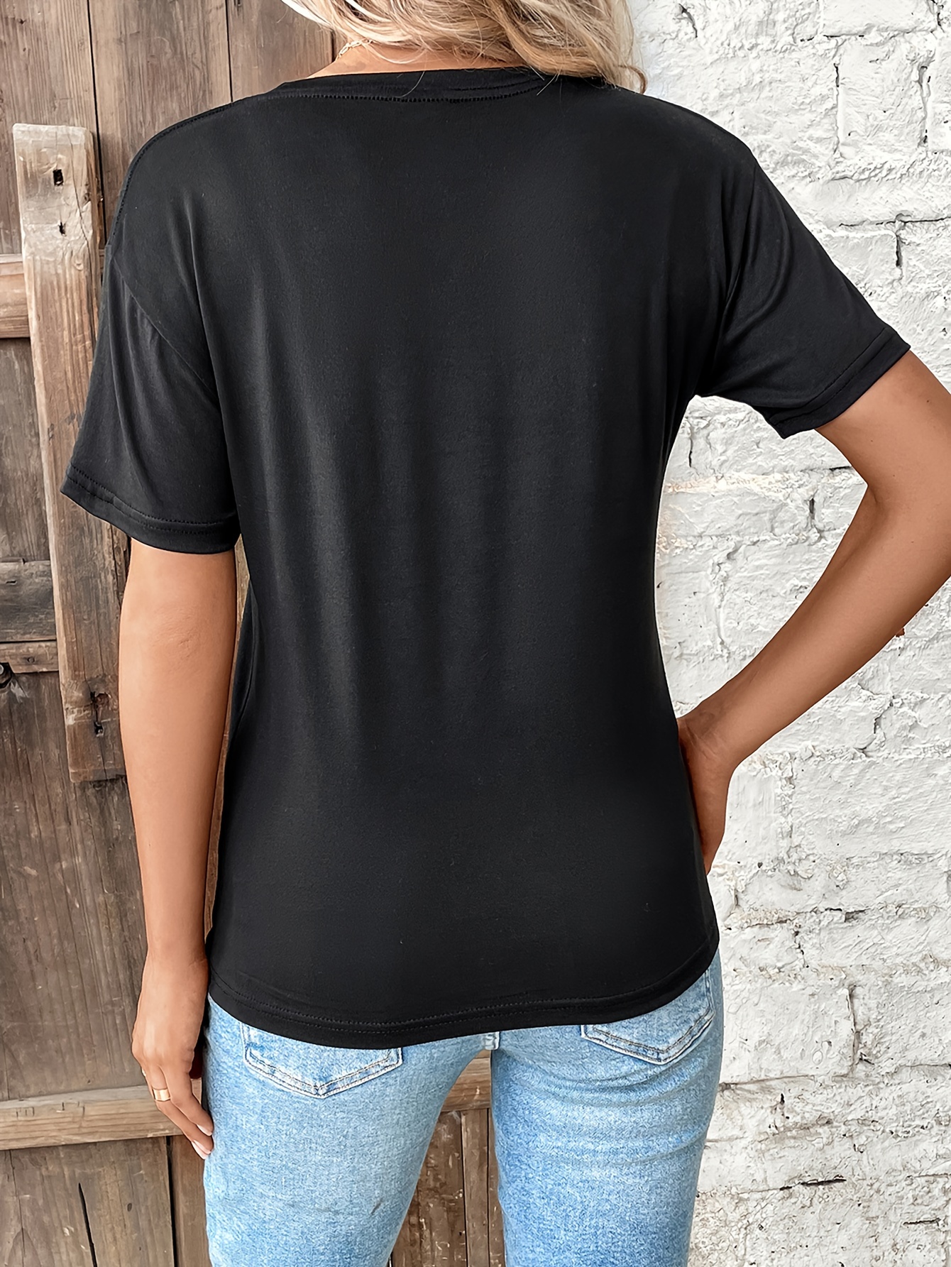 Camiseta básica de verano para mujer, color sólido, casual, cuello en V,  camiseta de manga corta