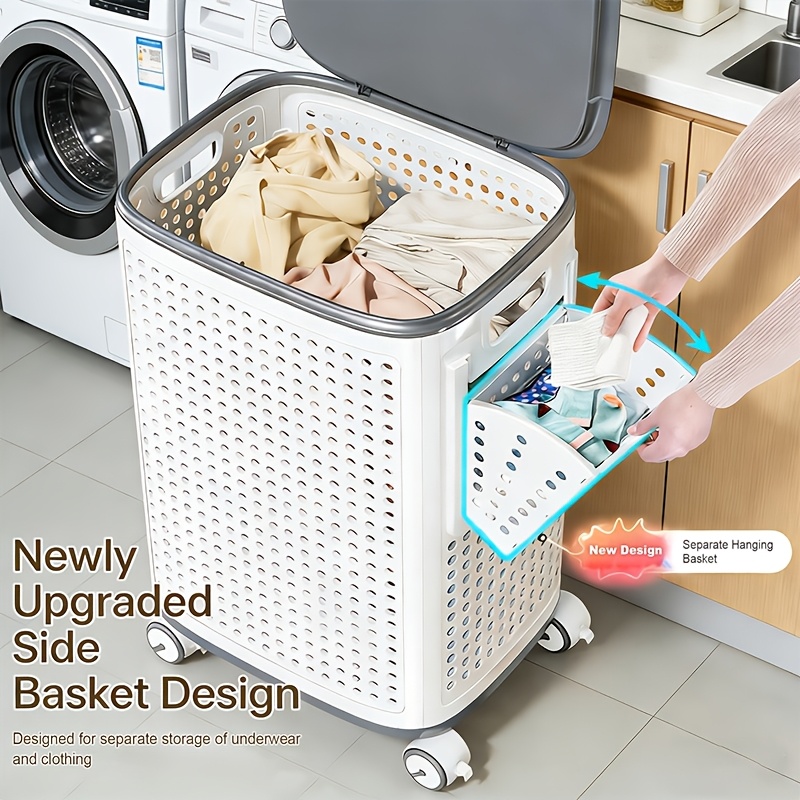 TEMU Laundry Hampers With Lid & Side, Narrow Slit Design, Laundry Home Decor Hamper Cart, With Heavy Duty Rolling Lockable Wheels, For Dirty Clothes,