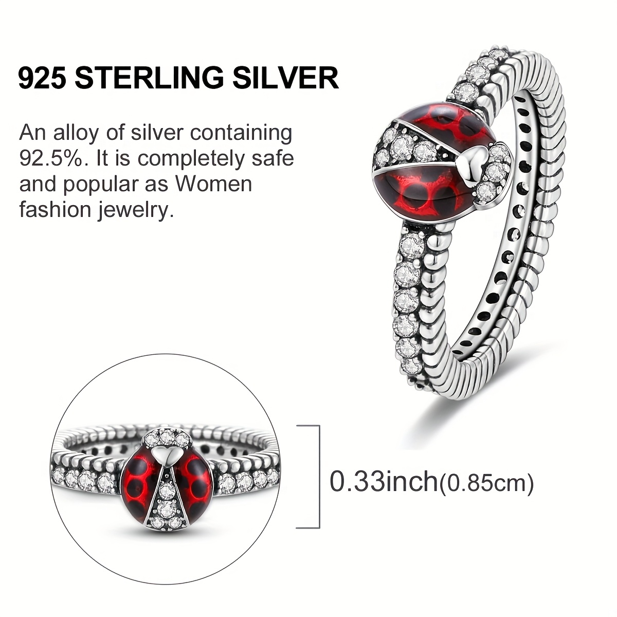 925 Sterling Silver Ladybug Track Ring, Unique Style