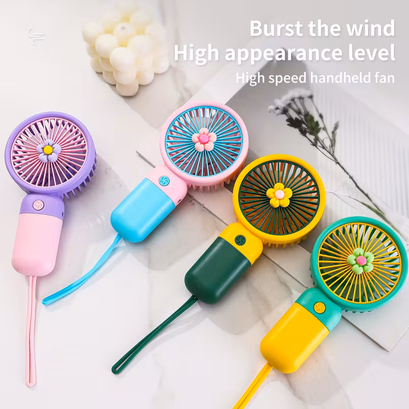cute color block handheld mini fan with portable lanyard fashion usb rechargeable small fan 2