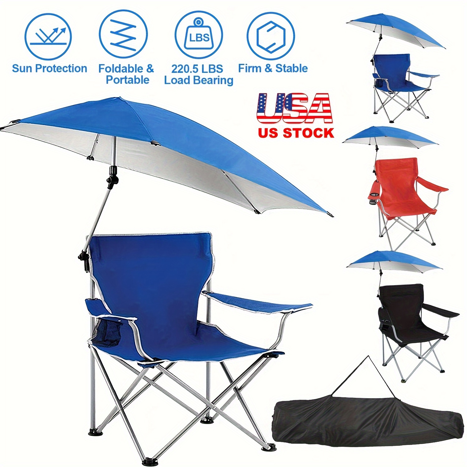 

Foldable Beach Chair With Detachable Umbrella Armrest Adjustable Canopy Stool With Cup Holder Carry Bag For Camping Poolside Travel Picnic Lawn Chair