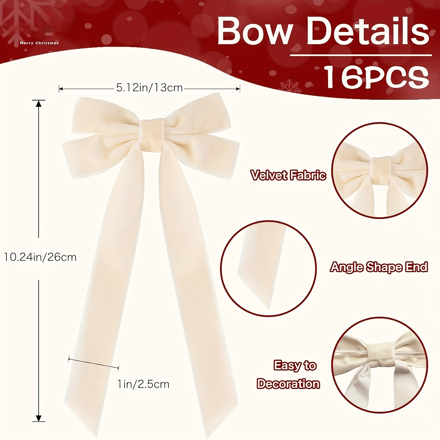Image of 16pcs Velvet Ribbon Bows For Christmas Tree, Vintage Rustic Small Craft Bows Ornaments For Garland Wreath Gift Wrapping Candy Bags Party Diy Decorations (beige, 5" X 10", Width Of 1")
