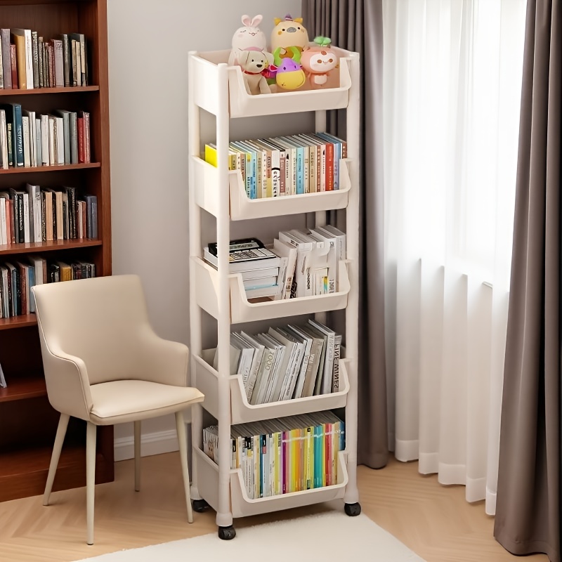 white 3 tier bookshelf with wheels freestanding vertical storage organizer for office bedroom or study durable plastic easy assembly 27 height 20 lbs capacity   books decor and more bookshelf decor bedroom organizer   sturdy construction   modern aesthetic lightweight   organizers plastic storage unit plastic unit bookshelf bookcase Product details 2