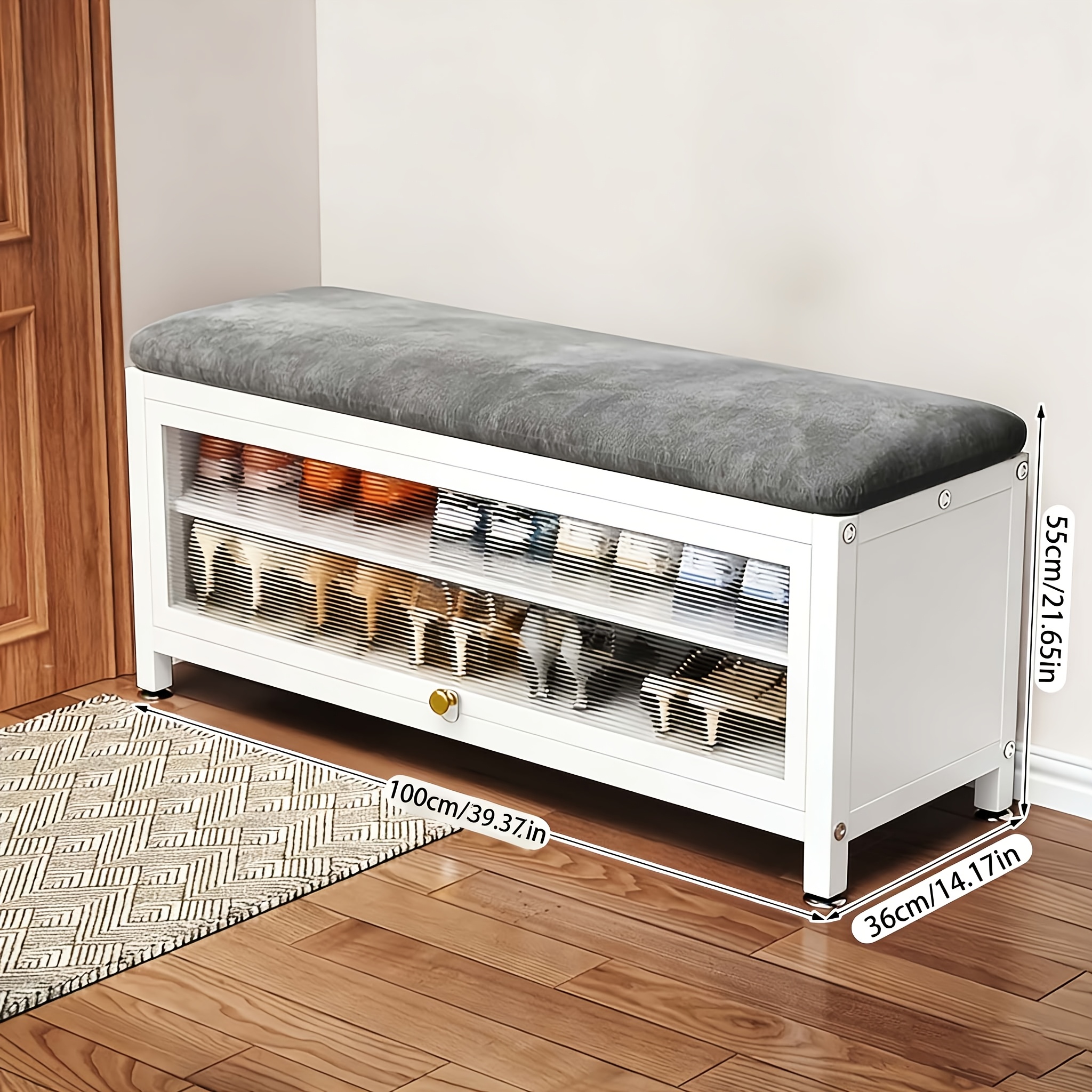Shoe Changing Stool with Shoe Rack, Soft Stool, Shoe Cabinet/shoe Changing Stool That Can Hold Multiple Pairs of Shoes, Elegant Entryway Shoe Cabinet, Shoe Storage Solution, Carbon Steel Storage Stool, Black/cream White, for Home Entrance Passages