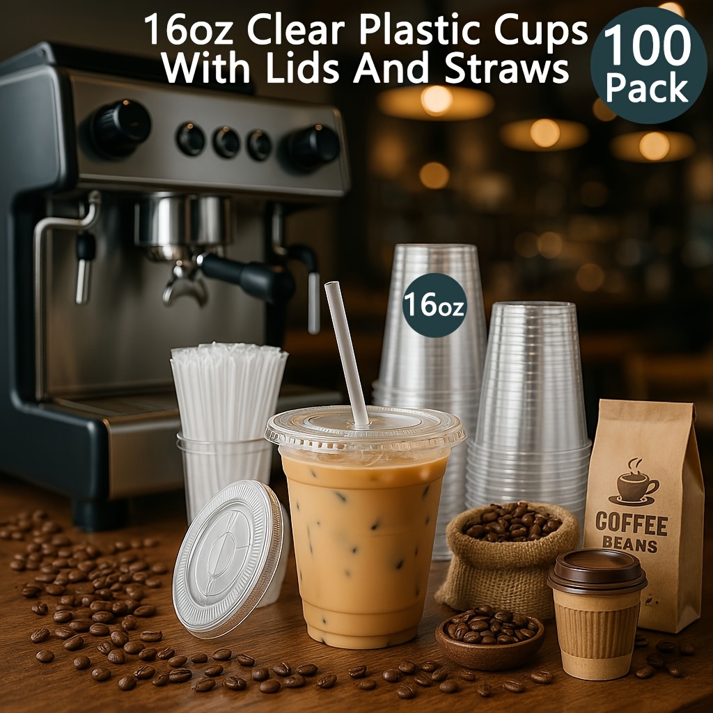 TEMU 100 Pack - 8/12/16/20 Oz Clear Plastic Cups With Lids And Straws, Sturdy & Iced Coffee Cups With Lids, Disposable Plastic Smoothie Cups For Cold
