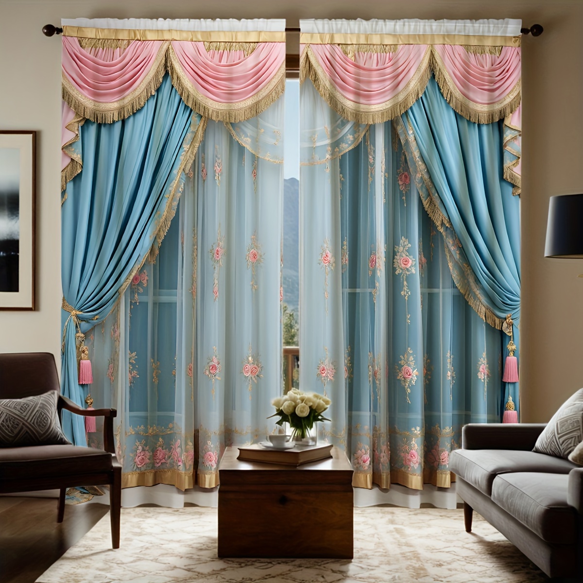 

2pcs Embroidered Curtains, Hd , Drapes, Polyester , Decor For , , Rod , -, 180-200g