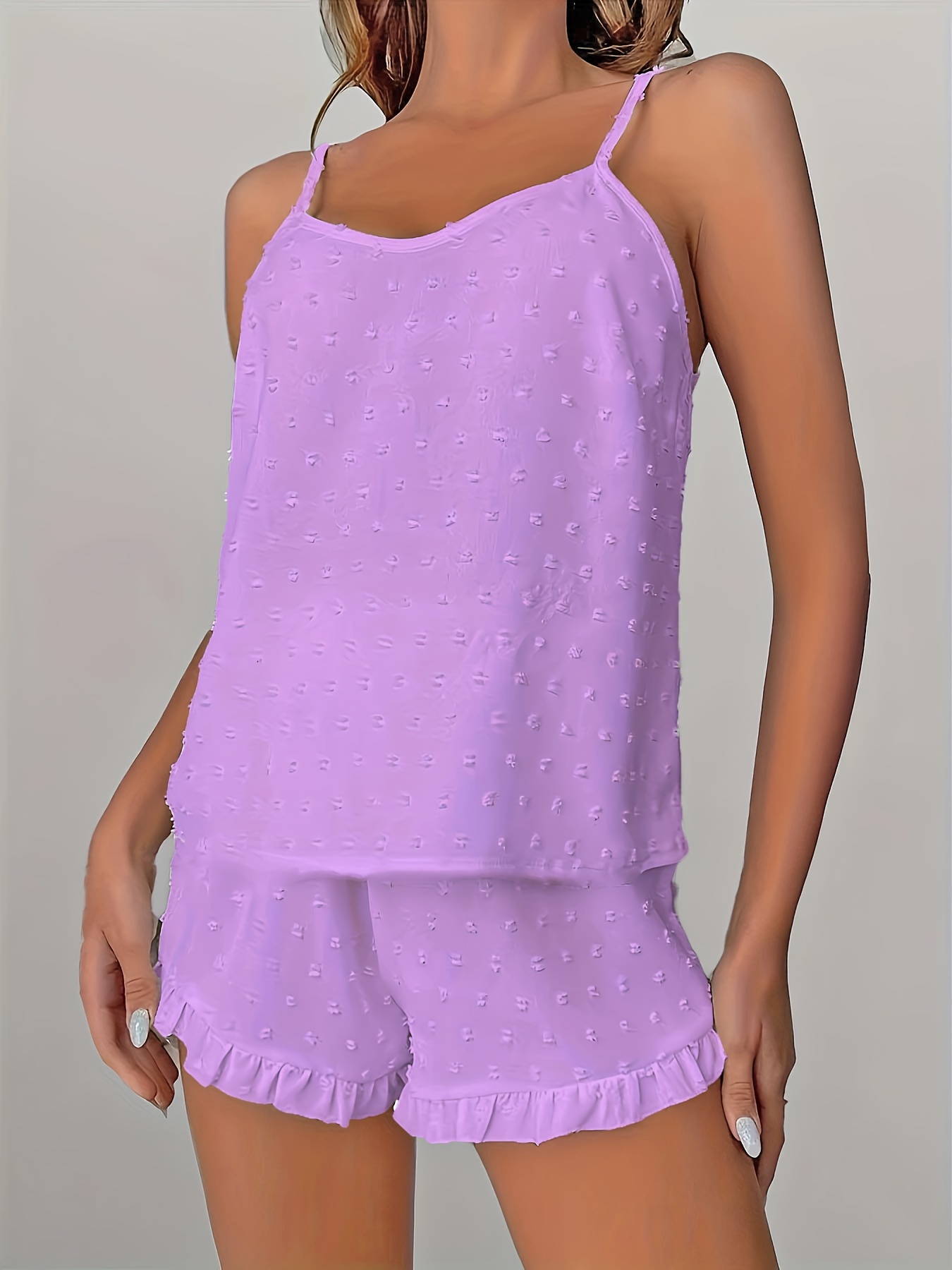 Women'S Plus Size Lace Trim Cami Pajama Set - Soft Polyester, Solid Color, Ruffled Detail, Comfortable Sleepwear for Spring/Summer/Fall, Relaxed Fit Pajamas | Ruffled Detail Clothing | Smooth Texture Fabric