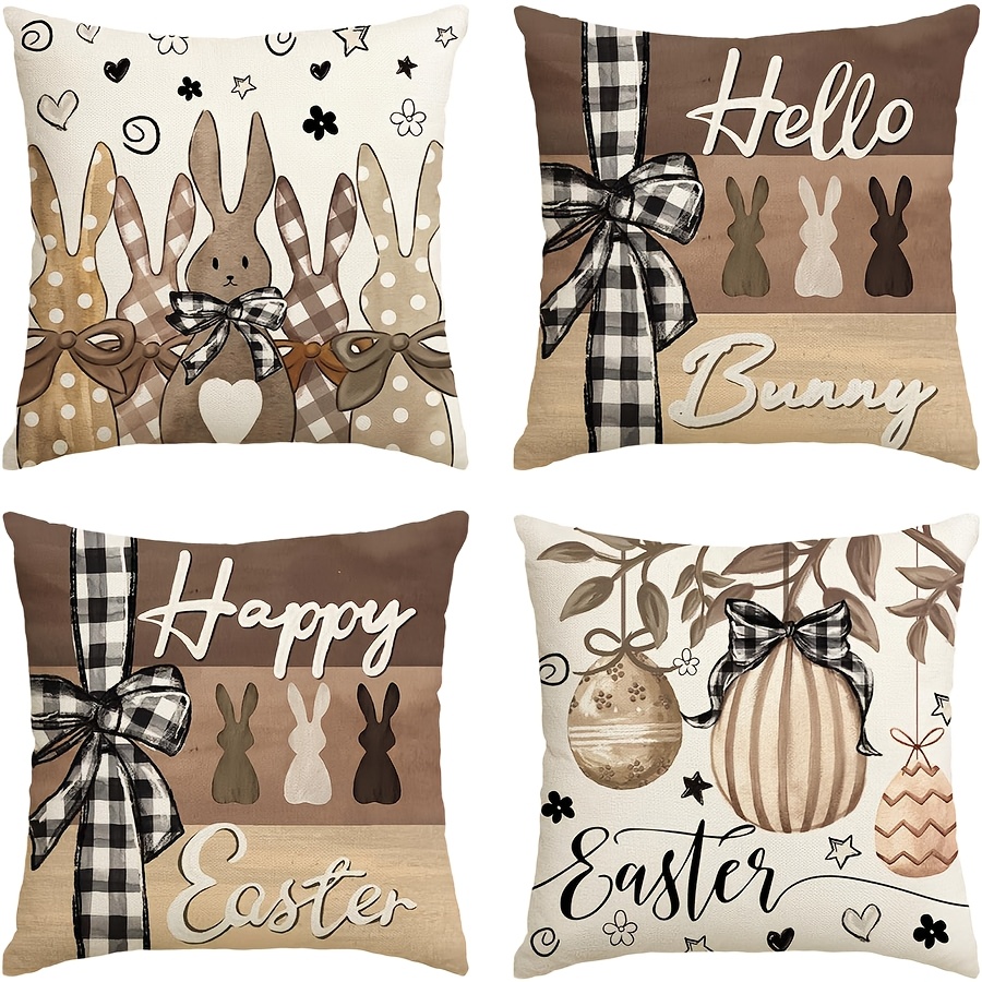 

4pcs Country- Throw Pillow Covers, Bunny & Eggs Design, Machine Washable, Zipper Closure, Woven Cushion Cases For Room Types