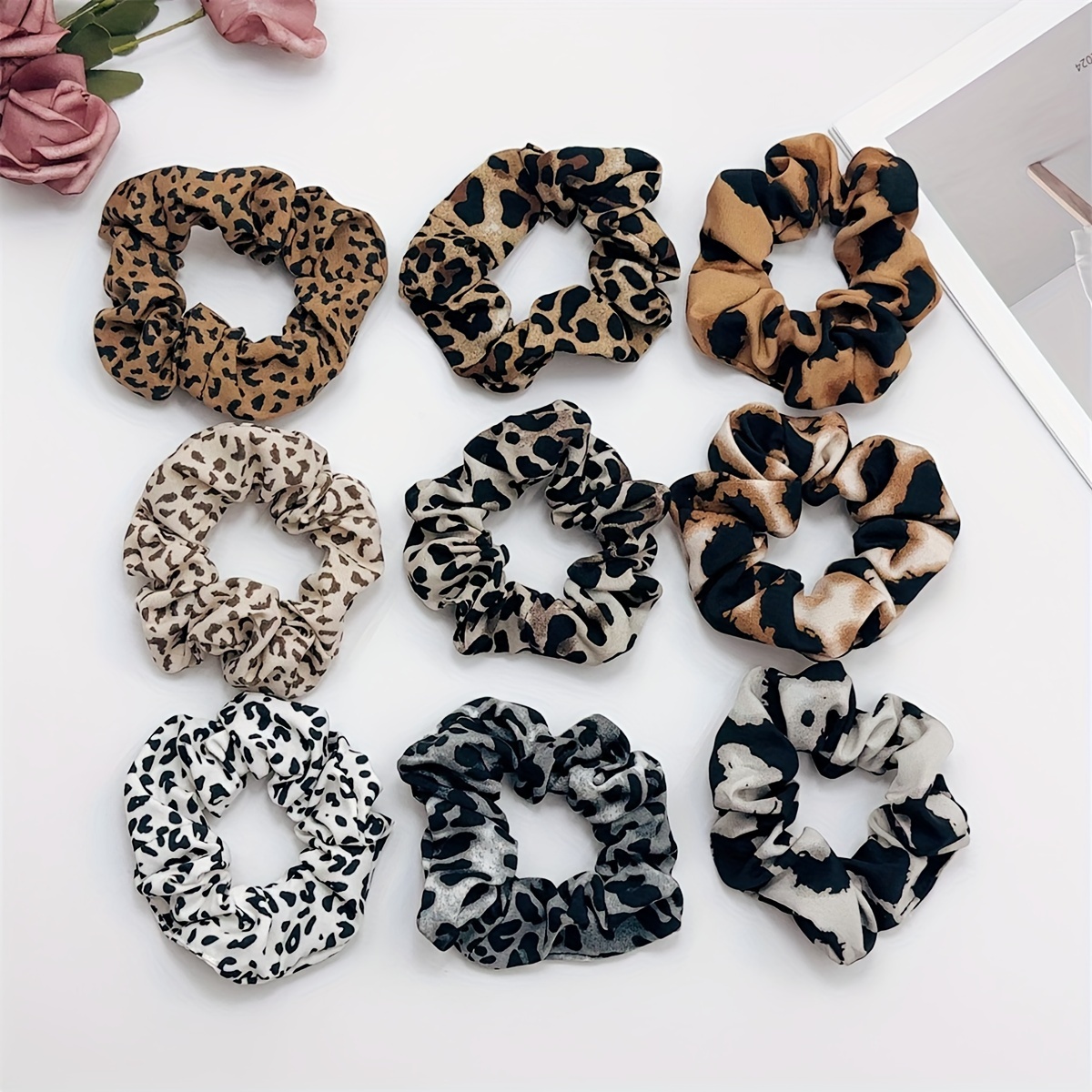 

9 Pcs Women's Fall/winter Leopard Print Fabric Scrunchies - Set Of Scrunchies For Hair Accessories, Suitable For 14 And Up