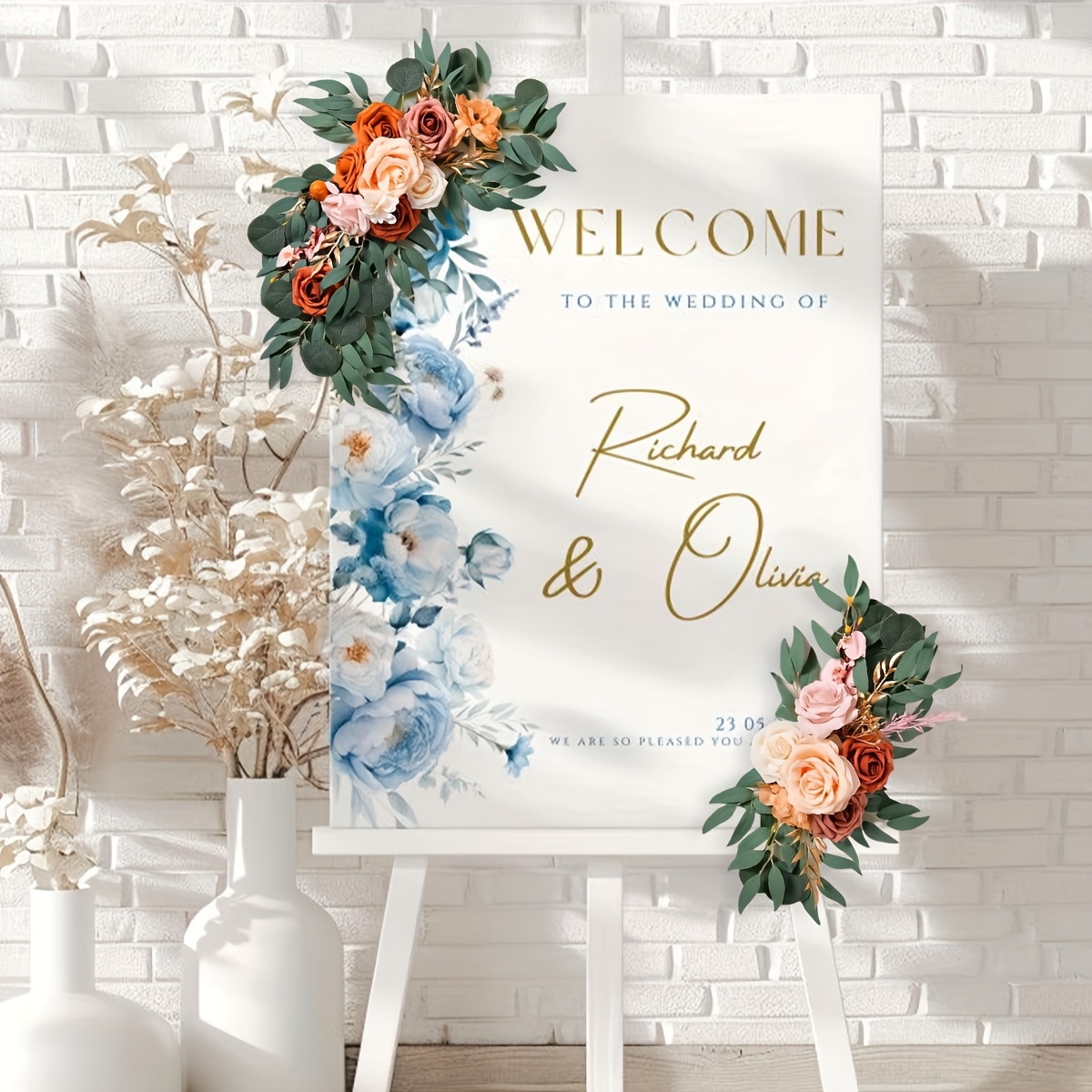 

2pcs/ Setwedding Sign Flower Swags Artificial Arch Floral Garlands Decorations Terracotta Orange For Ceremony Party Reception Entrance Welcome Easel Door Decor Wall Home Entryway Outdoor