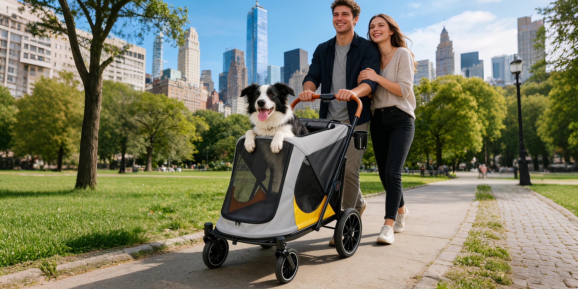 Large Dog Stroller with 4 Wheels: Foldable Pet Stroller for Medium Large Dogs Up to 42Kg, Dual Entry Pet Stroller with Mesh Windows, Storage Pocket, Cup Holder And Brake System, 86X65.5X102 Cm