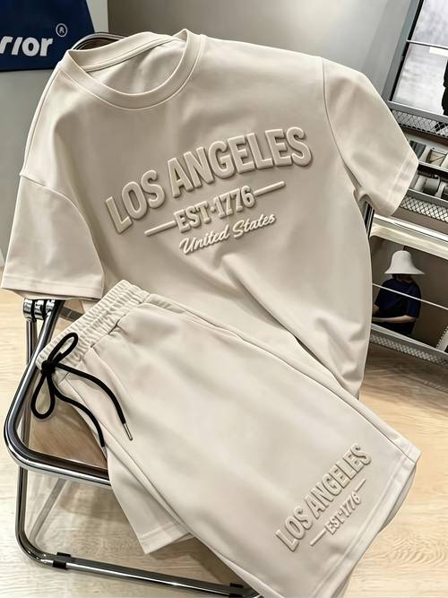 2pcs letter logo mens short sleeve casual t shirt and soft breathable loose shorts set