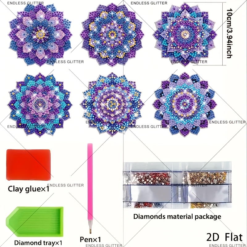 TEMU 6pcs Beautiful Purple Mandala Diamond Painting Coasters Set Coasters Anti-slip Drink Mats - Car Coasters, Tea Cup Mats, Coffee, Drink Mug Mats,