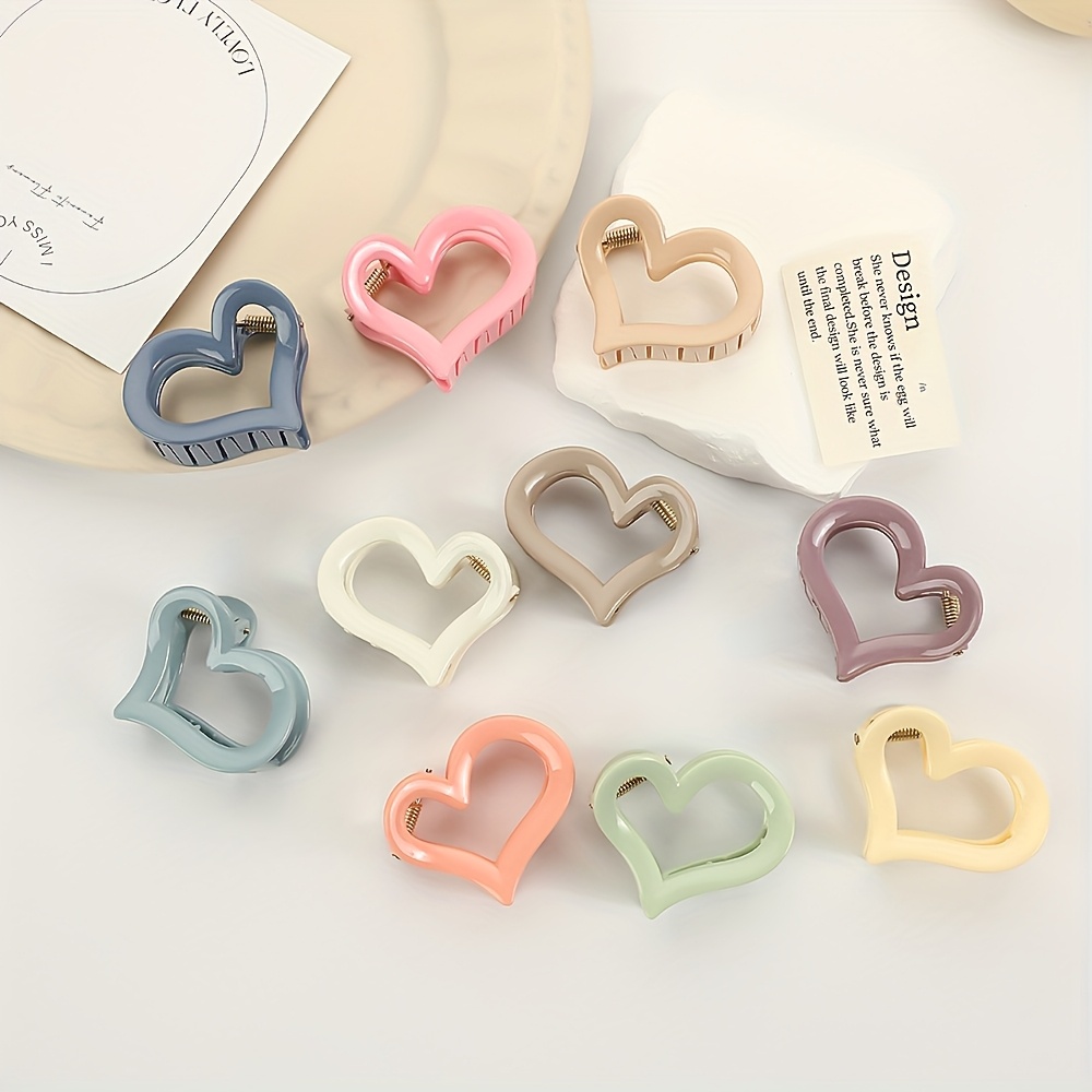 

10pcs Sweet Morandi Color Heart-shaped Hair Claw Clips - Fashionable & Simple Pastel Shark Clips In Assorted Colors For Stylish Hairdos, Plastic, Ideal For Women And Girls, Hair Clip