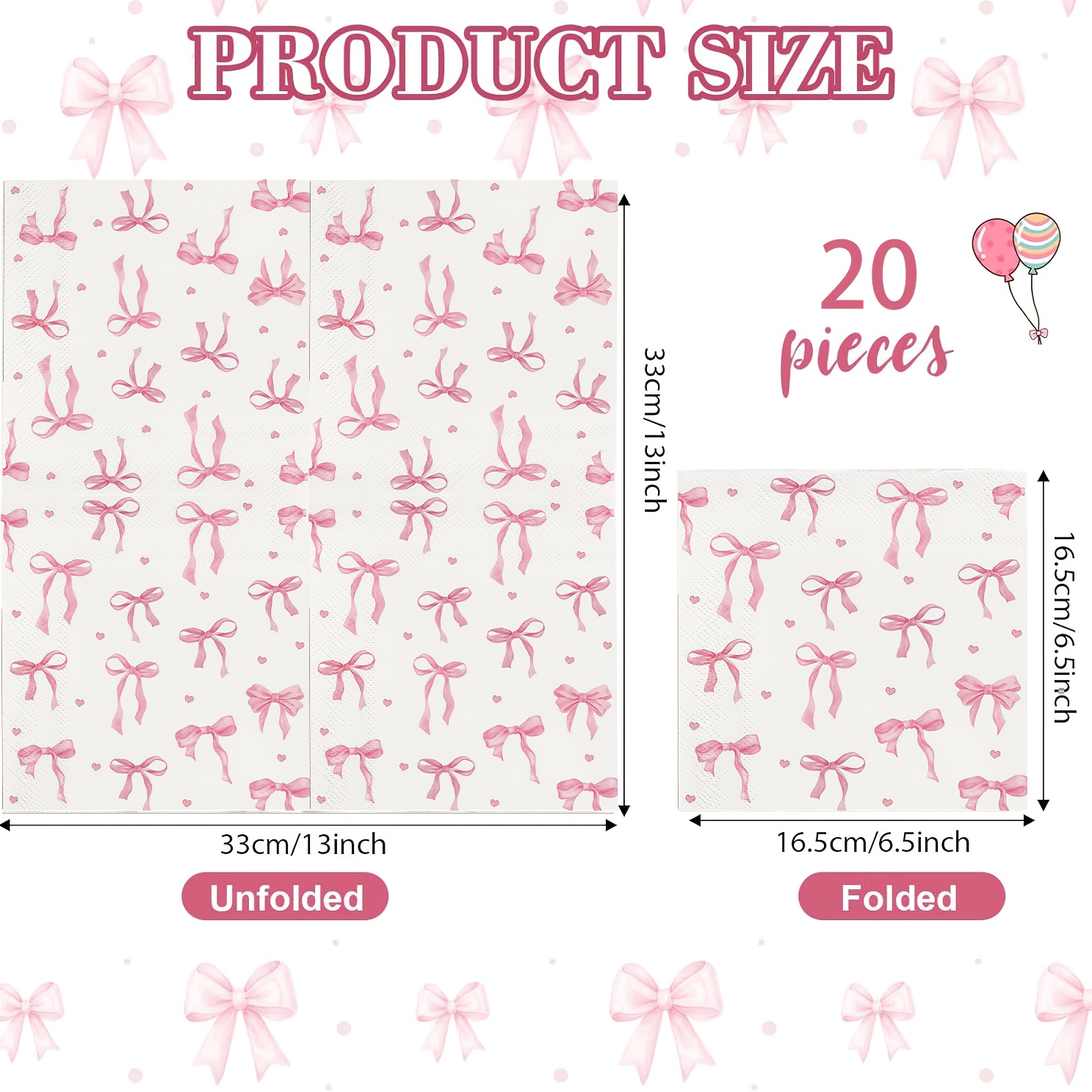 Image of 40-pcs/20-pcs Pink Bow Party Napkins, 6.5 Inches X 6.5 Inches, Bow-themed Party Decorations For First Birthday, Shower, Bachelorette Party, Bridal Engagement Decor, 16.5cm For Halloween、christmas