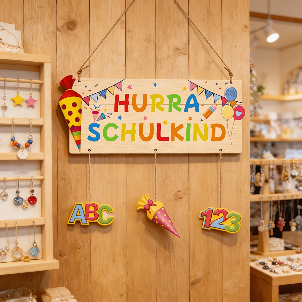 Image of 1 Wooden German Back-to-school Banner With Rainbow-colored Letters And Balloon Decorations, Suitable For Season, German School Season, And Campus Environments, Featuring Vibrant  halloween