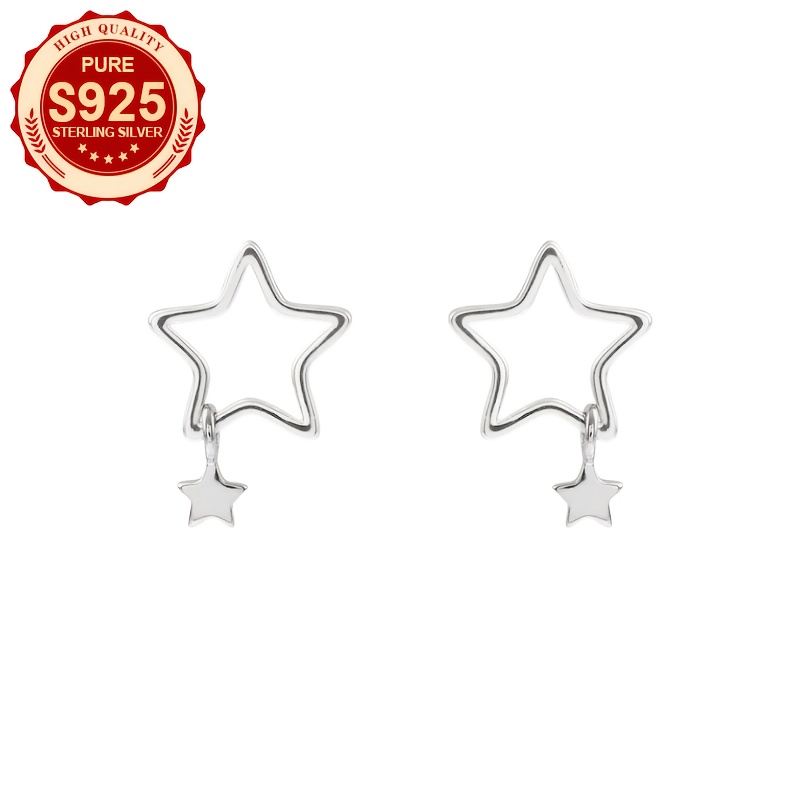 Women's S925 Silver Hollow Pentagram Pendant Stud Earrings