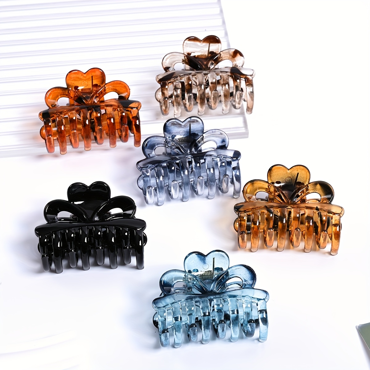 E-shop 6 Stk. doppellagige gezahnte Herz-Schleifen-Klauen-Haarspangen, halbtransparente Damen-Haaraccessoires in Gelee-Farb-Leopardenmuster, starker