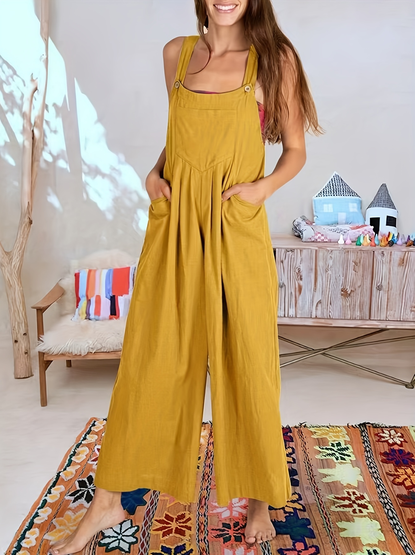 womens casual mustard yellow jumpsuit pockets sleeveless Temu
