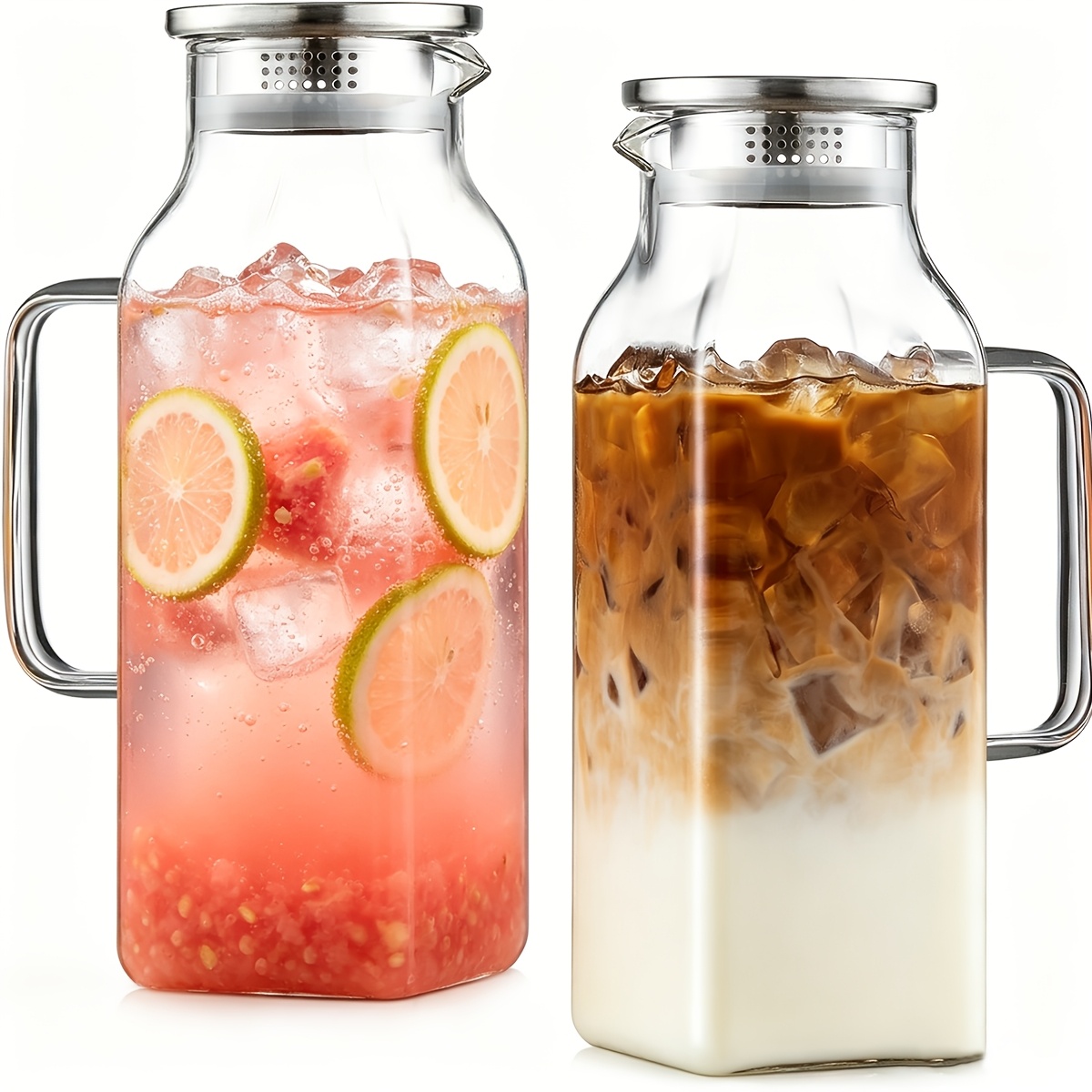 TEMU 1/2pcs Glass Water Bottles With Stainless Steel Lids, Glass Pitchers With , Thickened Glass Square For Cold Water Pitchers, Suitable For Cold