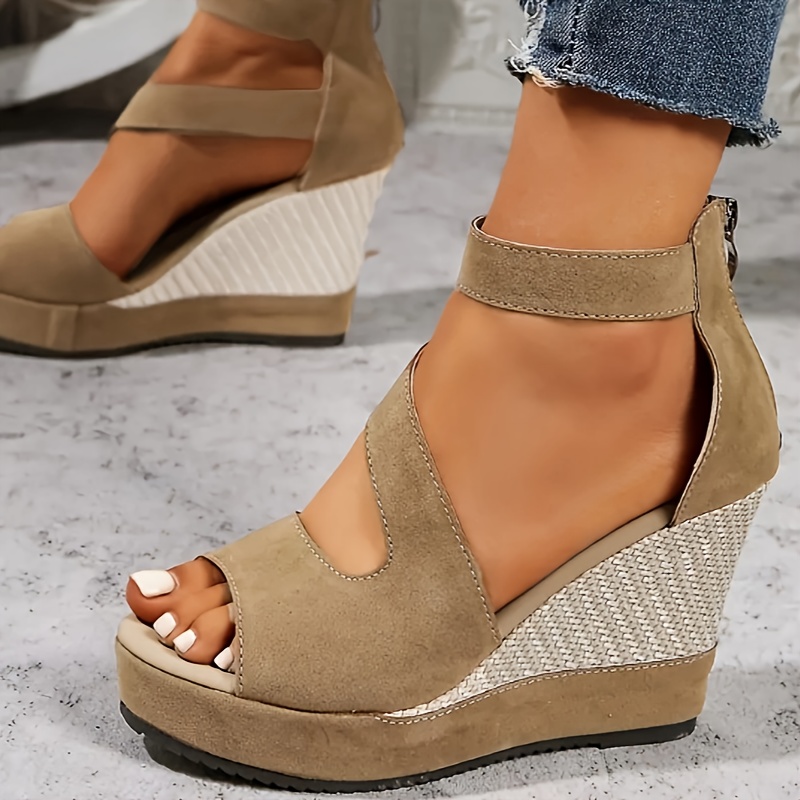 womens elegant high heel sandals with platform wedge olive green open toe zipper closure stylish strap design summer fashion fashionable footwear strappy sandals platform wedge details 4