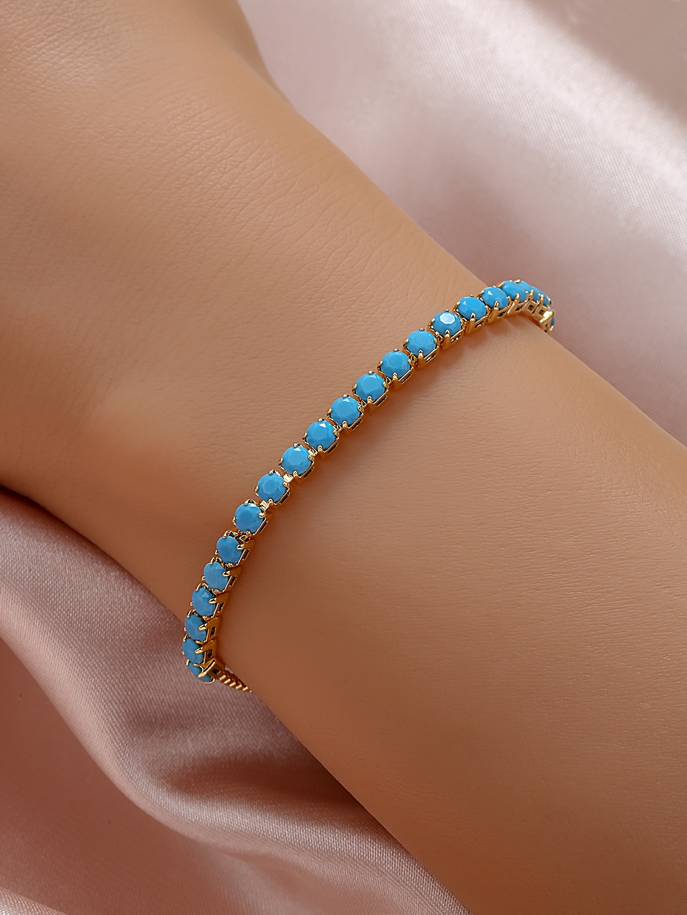 elegant turquoise bracelet single row 18k gold plated adjustable drawstring style   fashion jewelry for women details 1